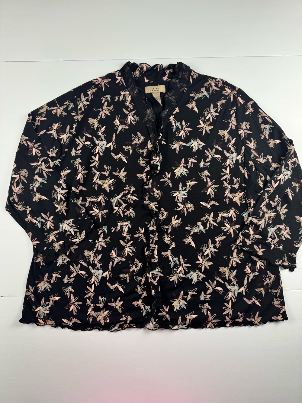Dragonfly Ruffle Neck Blouse - Black with Pink